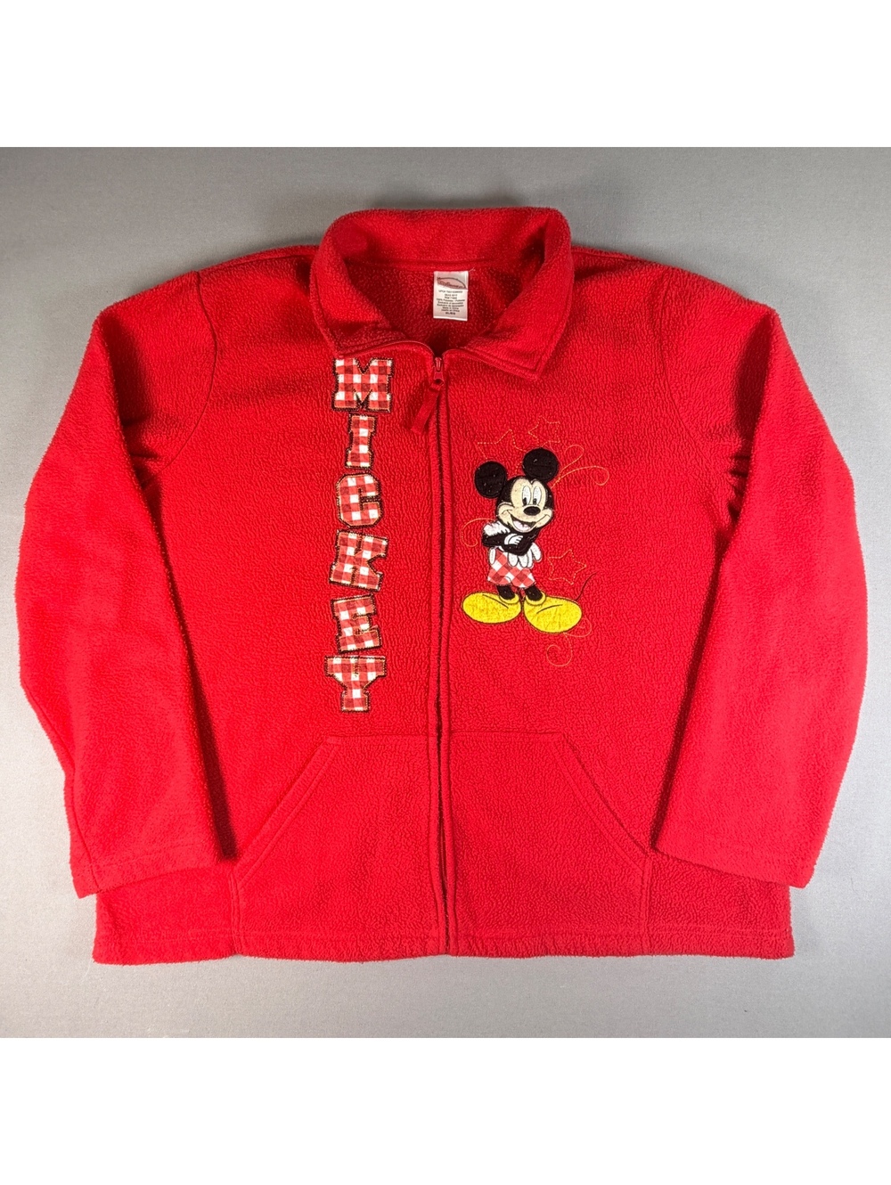 VTG Disney Mickey Mouse Fleece Jacket Womens XL Red Plaid Applique Full Zip